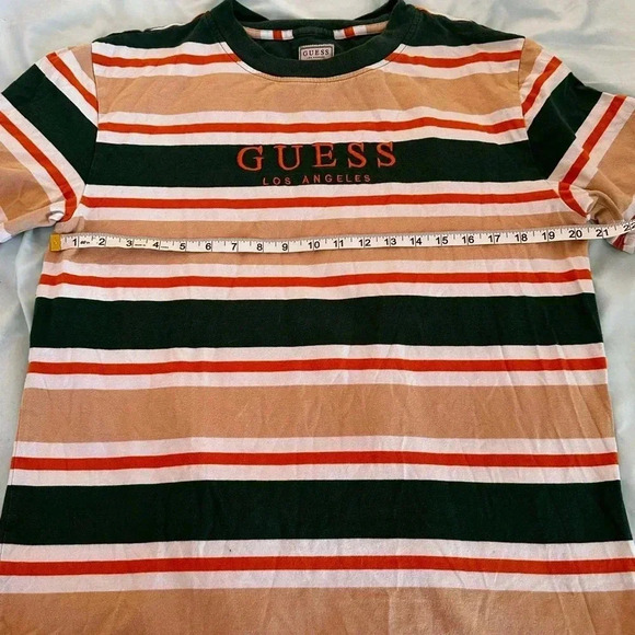 Vtg GUESS Striped T-Shirt Short Sleeve Orange Green Tan Embroidery Logo 90s Y2K. - Picture 1 of 6